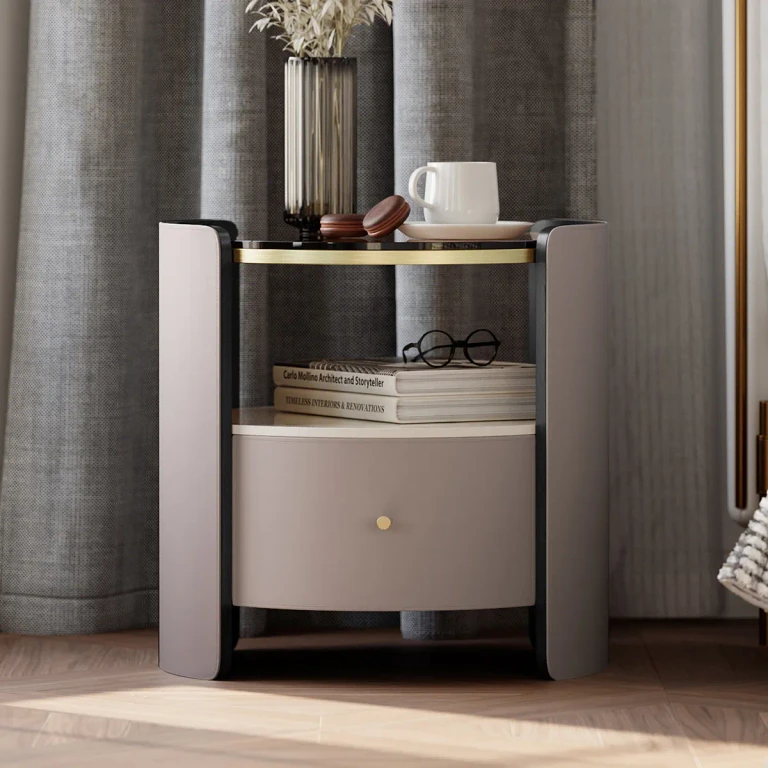Modern Round Gray Leather Nightstand with Glass Top & Sintered Stone Bedside with Shelf