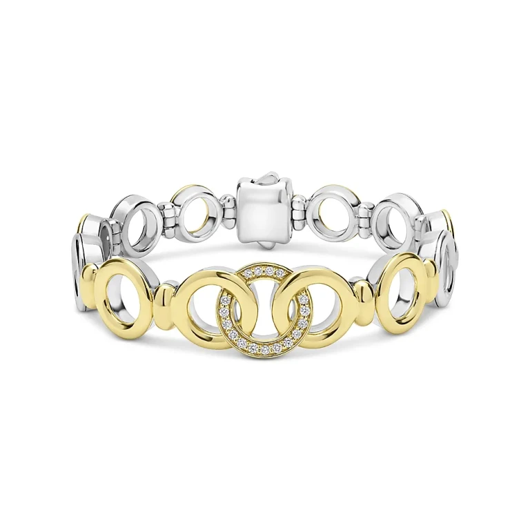 Lagos 18K Yellow Gold & Sterling Silver Signature Caviar Diamond Interlocking Ring Link Bracelet