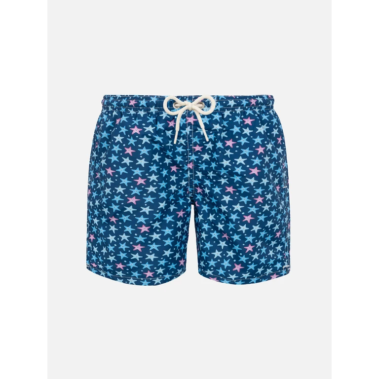 Mc2 Saint Barth Boy Lightweight Fabric Swim-Shorts Jean Lighting With Starfishes Print Blue Swimshort