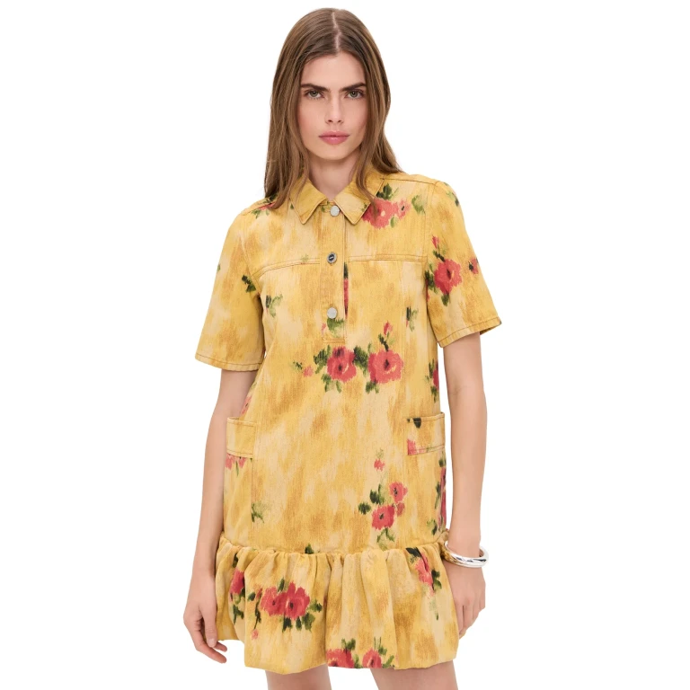 GANNI Print Peplum Mini Dress Vibrant Yellow 32