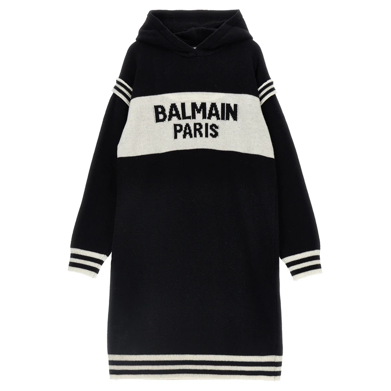 Balmain Kids Logo hooded dress White/black Wool Cachemire - Kids