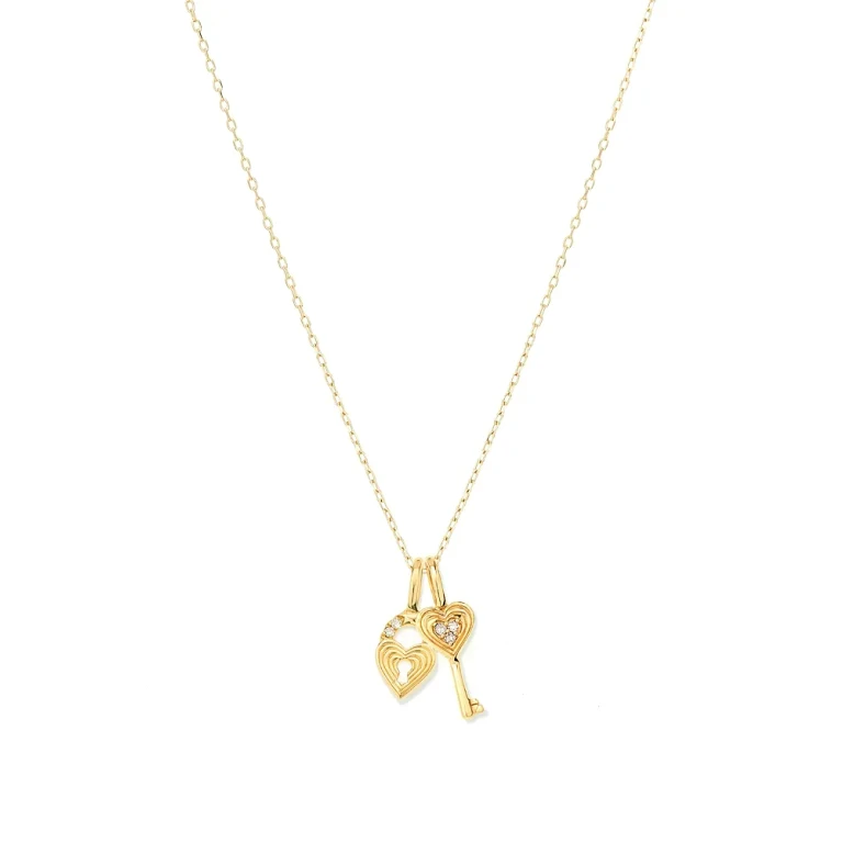 Adina Reyter 9K &14K Yellow Gold Diamond Heart Key & Padlock Groovy Pendant Necklace, 16-17