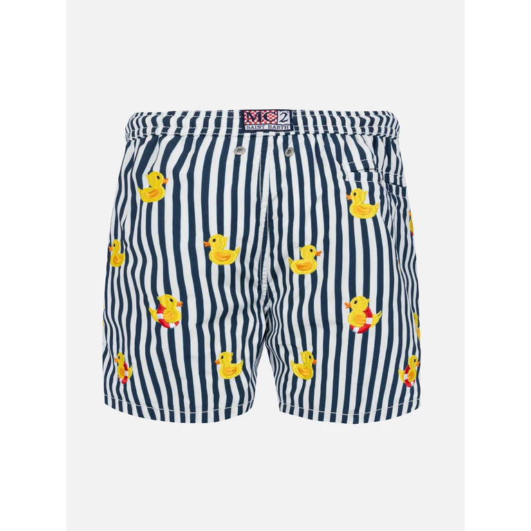 Mc2 Saint Barth Boy Striped Swim Shorts With Embroidered Ducks Blue Swimshort