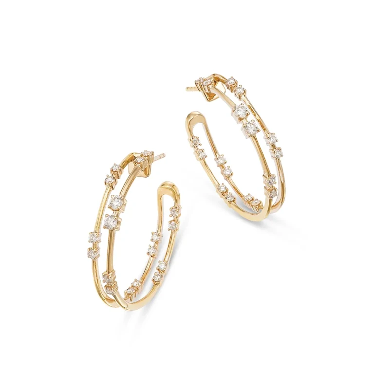 Diamond Scattered Double Hoop Earrings in 14K Yellow Gold, 1.0 tcw
