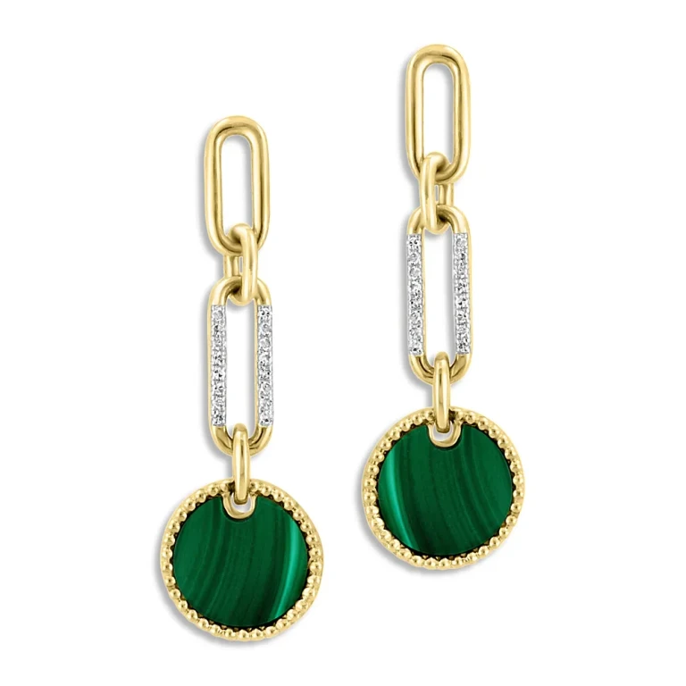 Malachite & Diamond Paperclip Link Drop Earrings in 14K Yellow Gold