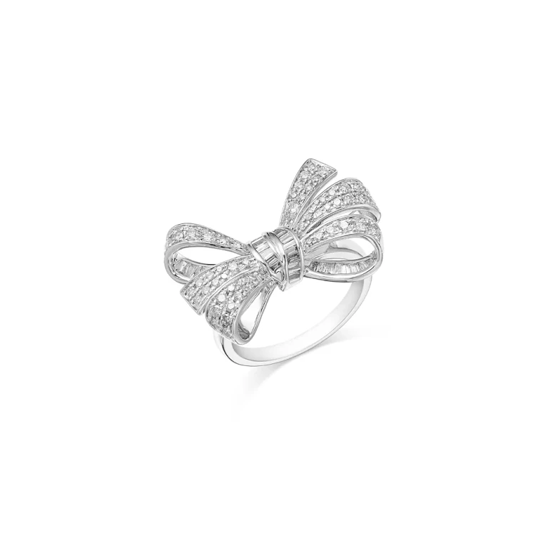 Diamond Pave Bow Statement Ring in 14K White Gold, 1.00 tcw