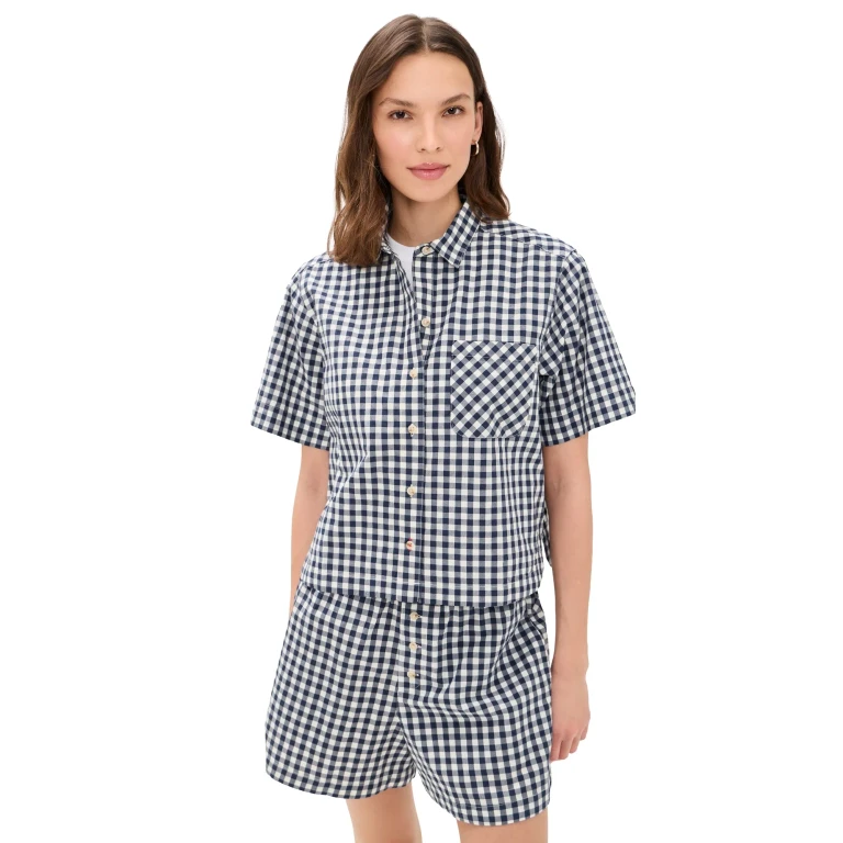 Marine Layer Jordie Poplin Shirt Navy/White Gingham M