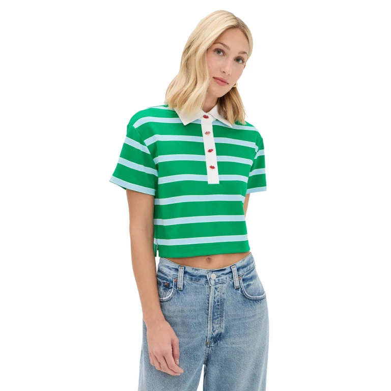 ALICE + OLIVIA Lyle Short Sleeve Rugby Polo Top Green Apple/Carolina Blue Stripe XS
