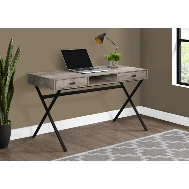 Taupe Wood Desk with Black Metal Base
