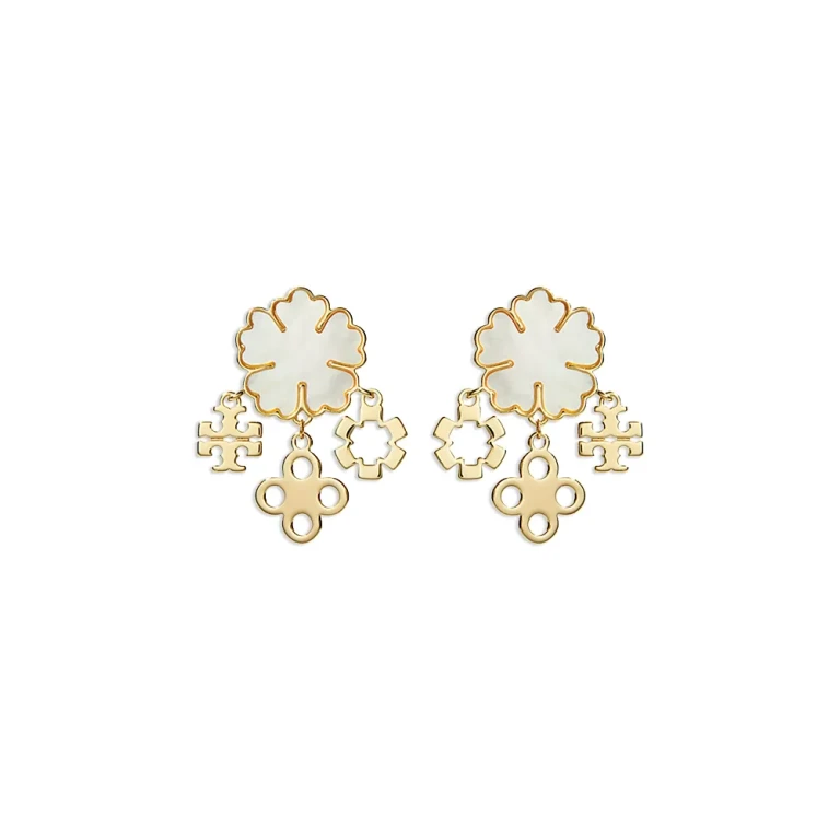 Tory Burch Mother Of Pearl Clover Cluster Drop Earrings in Gold Tone