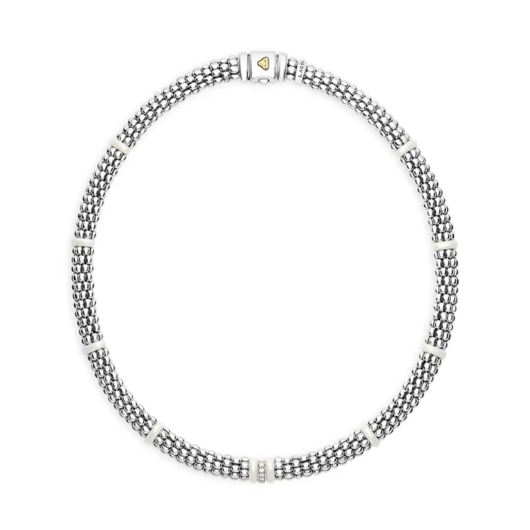 Lagos Ceramic & Sterling Silver White Caviar Diamond Station Necklace, 16