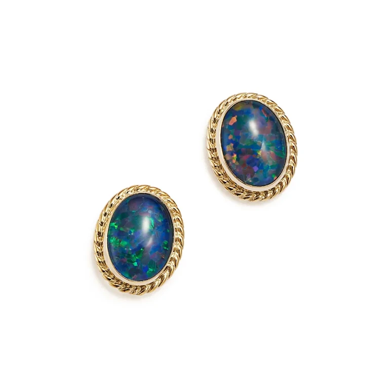 Opal Triplet Bezel Stud Earrings in 14K Yellow Gold