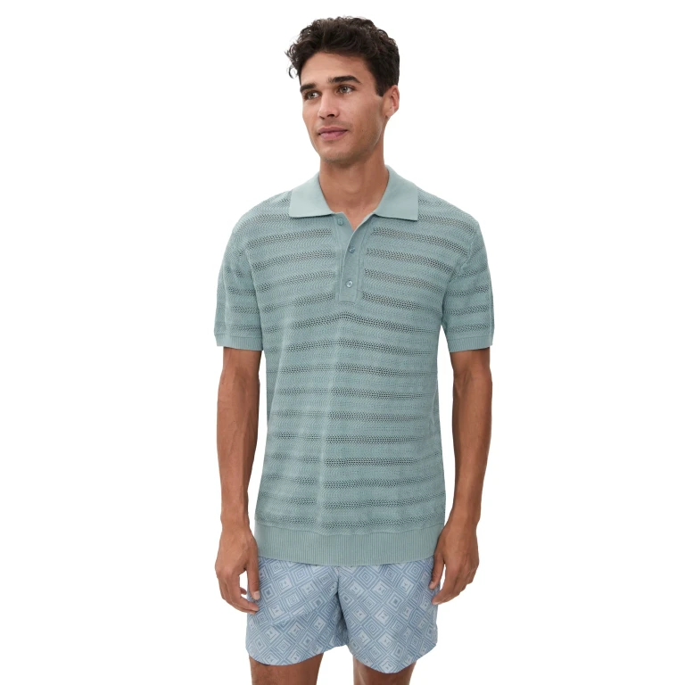 Frescobol Carioca Vidal Cotton Jacquard Wave Short Sleeve Buttoned Polo Coastal Blue M