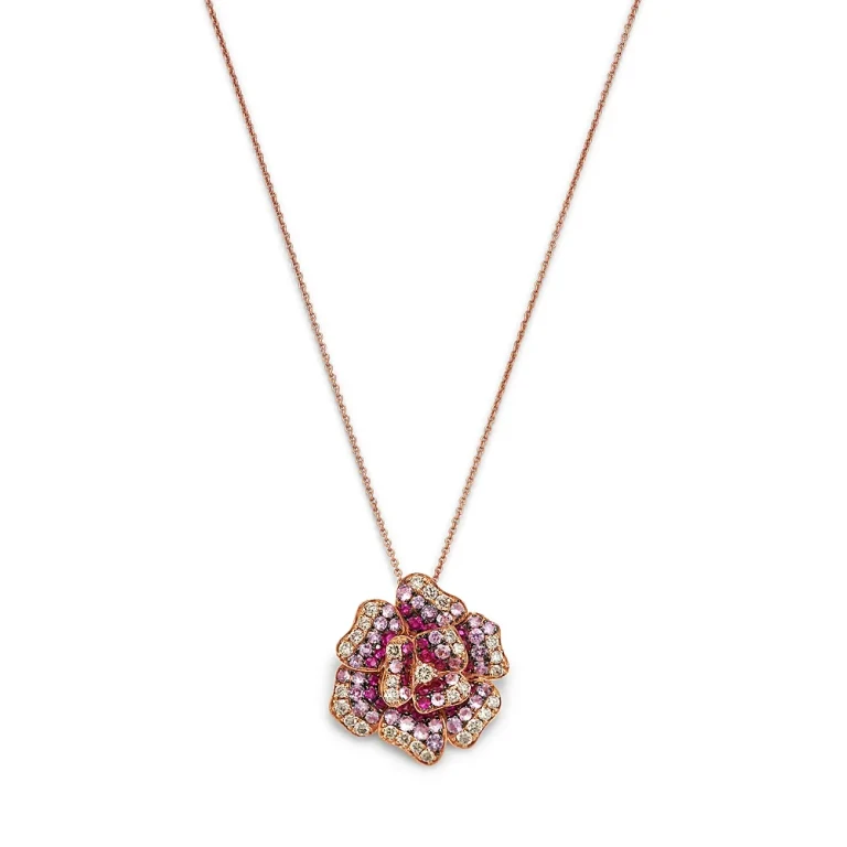 Pink Sapphire & Diamond Rose Flower Pendant Necklace in 14K Rose Gold, 20