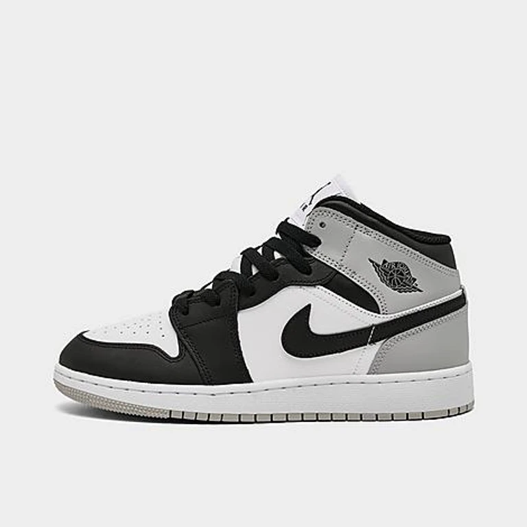 Jordan Big Kids Air Retro 1 Mid Casual Shoes in White/Black/Mid Grey Size: 3.5
