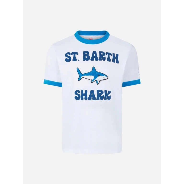Mc2 Saint Barth Boy Cotton T-Shirt With Shark Print White