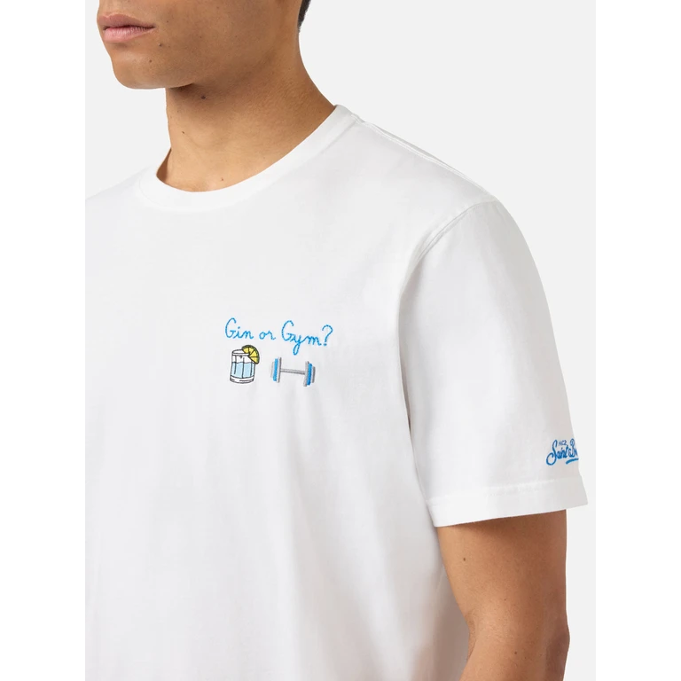Mc2 Saint Barth White Portofino T-Shirt With Gin Or Gym? Embroidery - Men