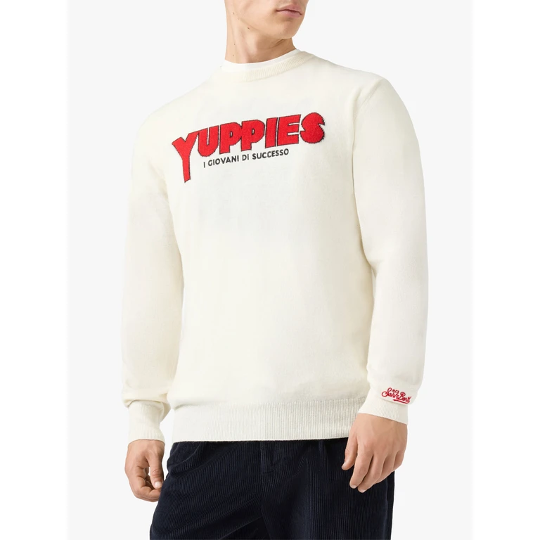Mc2 Saint Barth Heron Light Crewneck White With Yuppies Jacquard And Embroidery Special Edition - Men