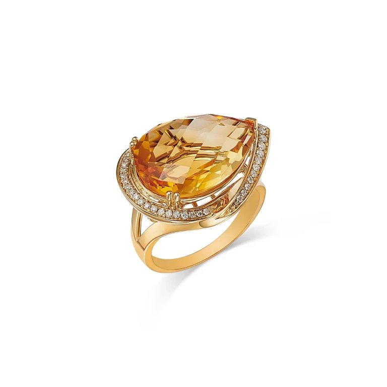 Citrine & Diamond Pear Shaped Ring in 14K Yellow Gold