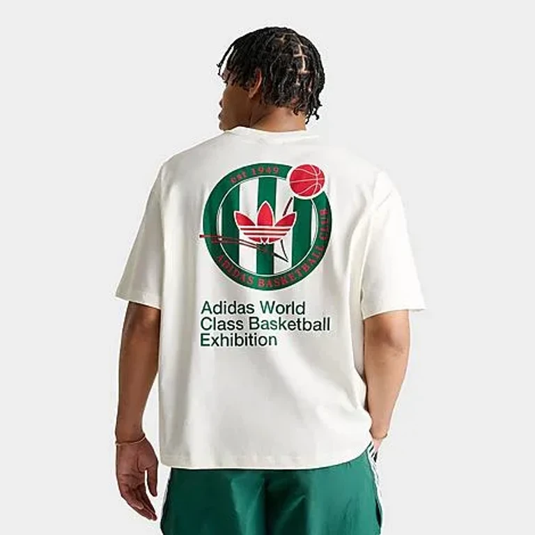 adidas Men's Originals Basketball Crest T-Shirt in White/Off White/Bold Green Size: Small