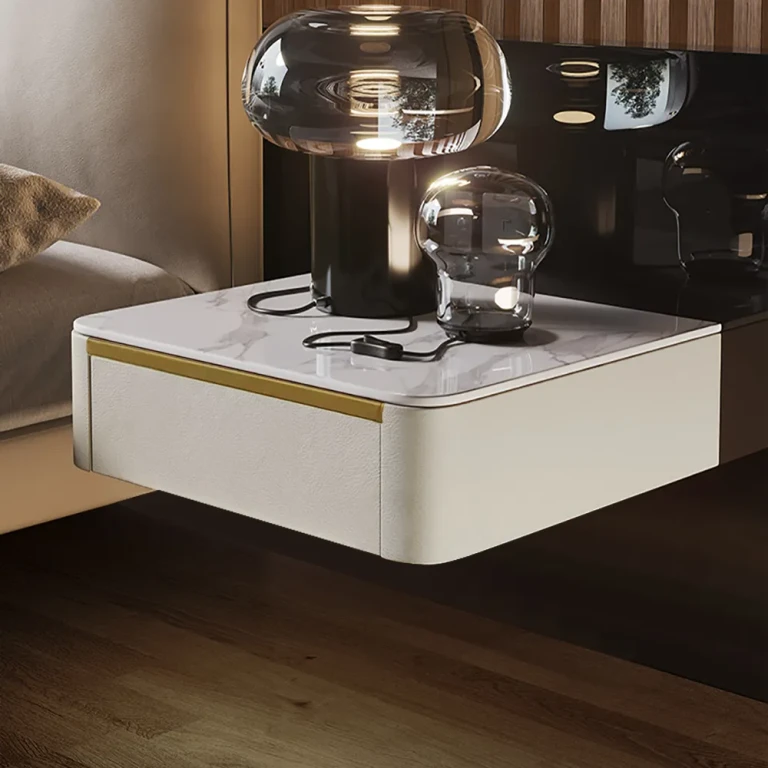 Modern White Floating Nightstand 1 Drawer Bedside Table with SinteredÂ Stone Top
