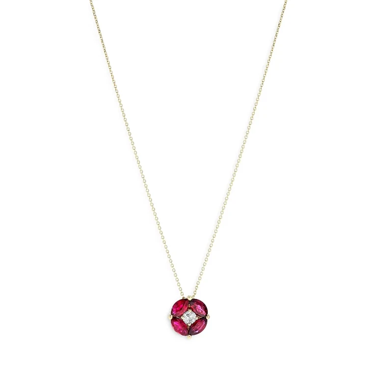 Ruby & Diamond Pendant Necklace in 14K Yellow Gold, 16