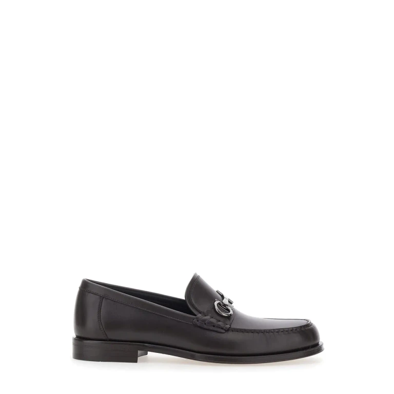 Ferragamo Brown Loafers With Metallic Gancini Detail On The Front In Leather Man