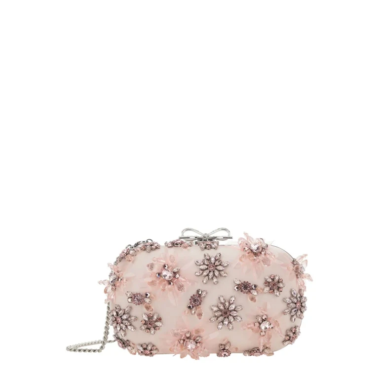 self-portrait Pink Clutch Bag With Floral Embellishment And Bow Detail In Tech Fabric And Metal Woman