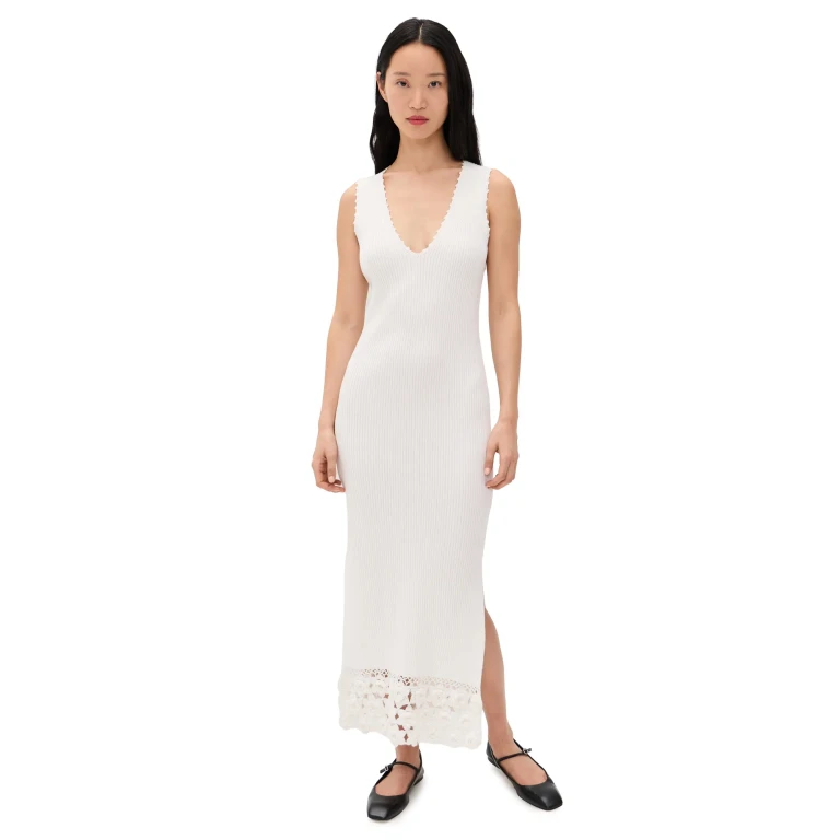 GANNI Fine Cotton Rib Crochet V-neck Dress Egret S