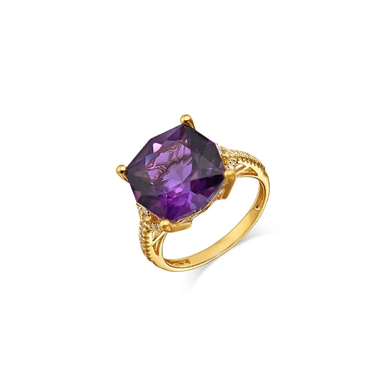 Cushion Shape Amethyst & Diamond Ring in 14K Yellow Gold