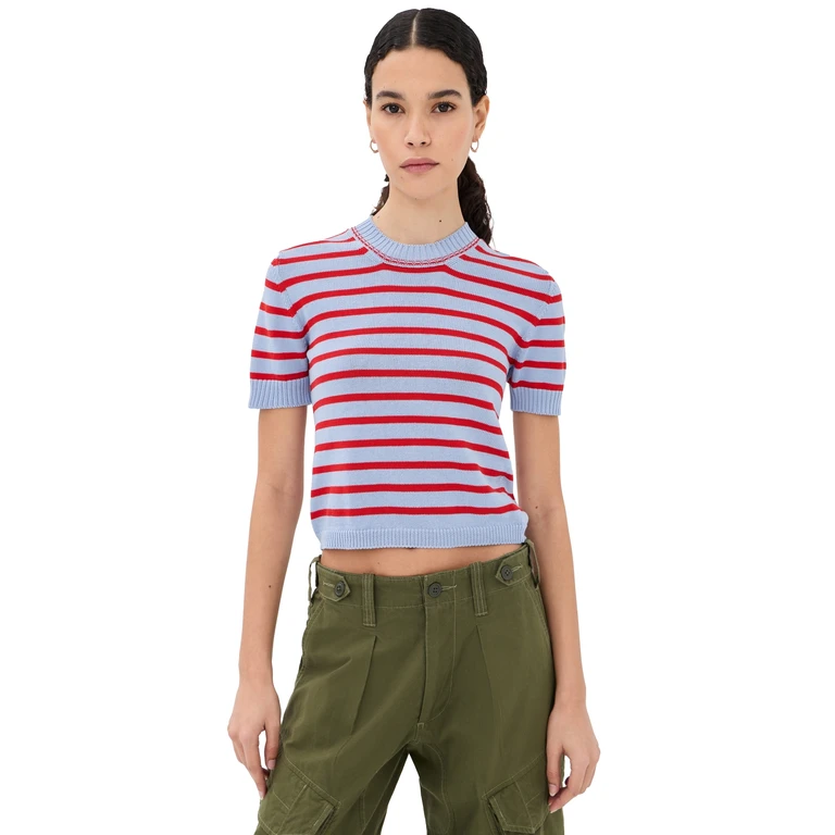 &Daughter Breton Knit Tee Pale Blue/Red Stripes M