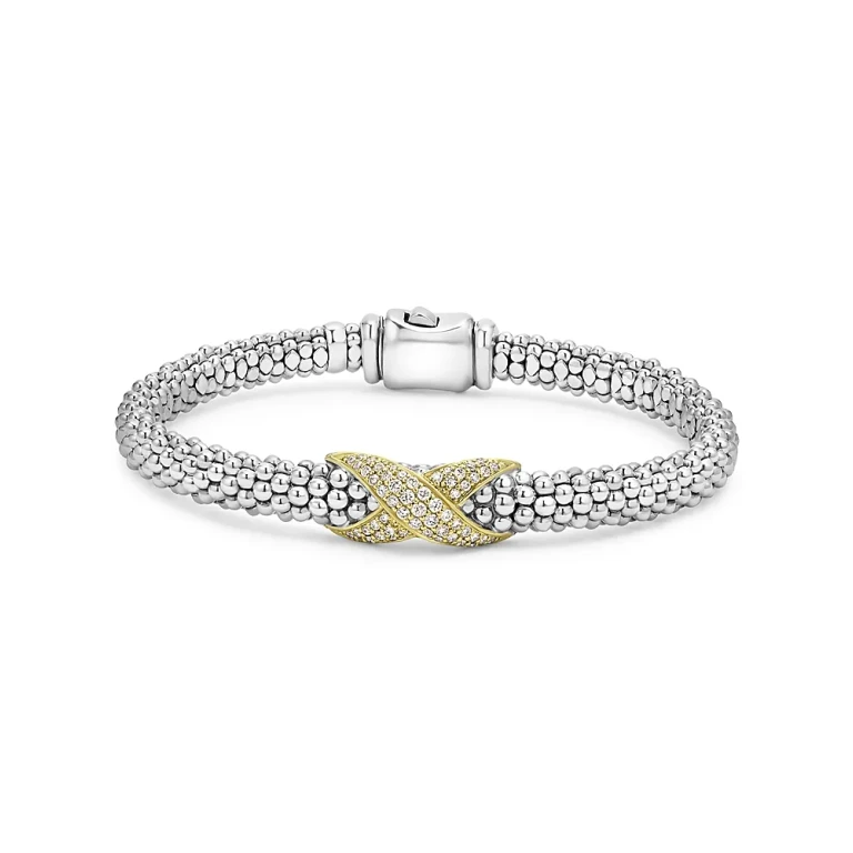 Lagos 18K Yellow Gold & Sterling Silver Embrace Diamond Pave X Caviar Bead Bracelet