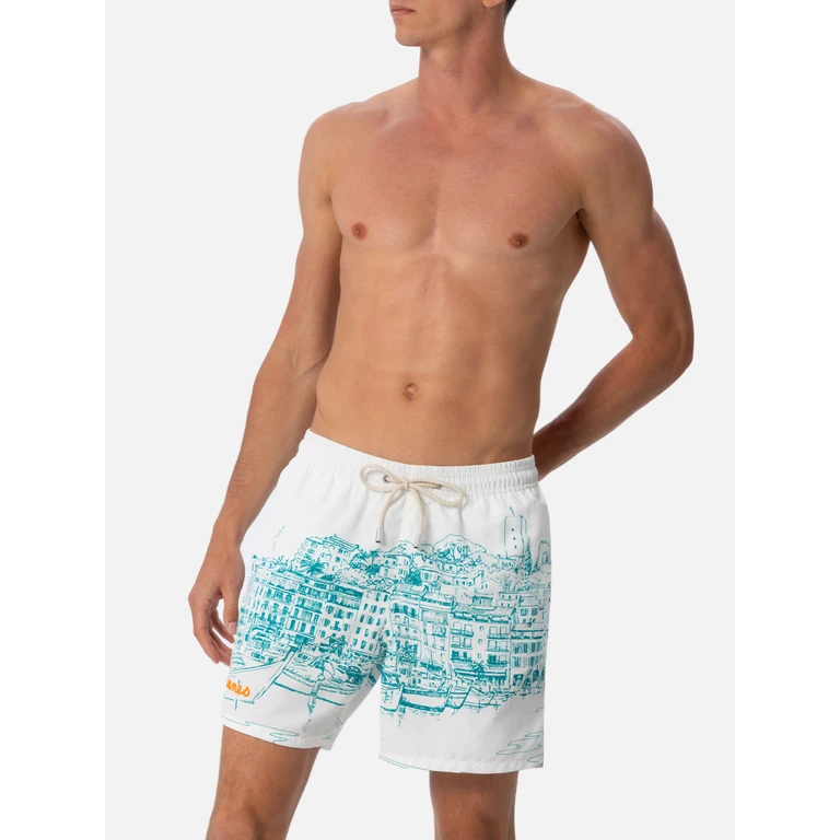 Mc2 Saint Barth Mid-Length Gustavia Swim-Shorts With Cannes Placed Print White Swimshort - Men