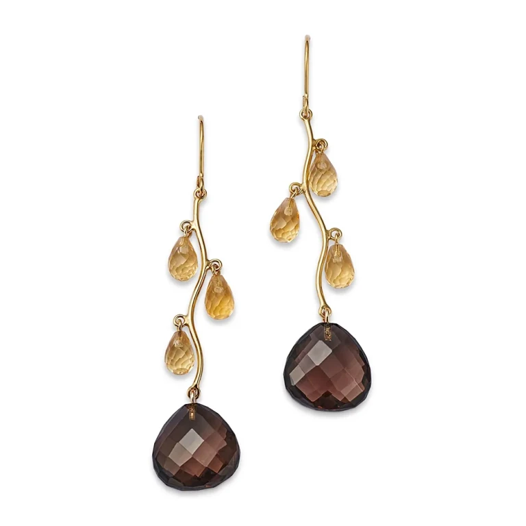 Citrine & Smokey Quartz Vine Drop Earrings in 14K Yellow Gold