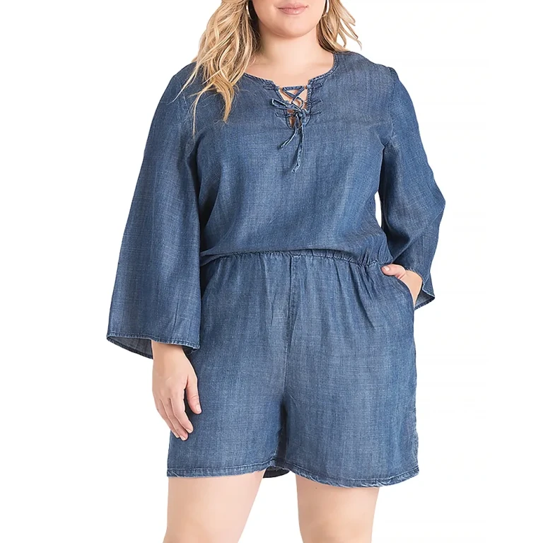 Plus Bell Sleeve Lace Up Denim Romper
