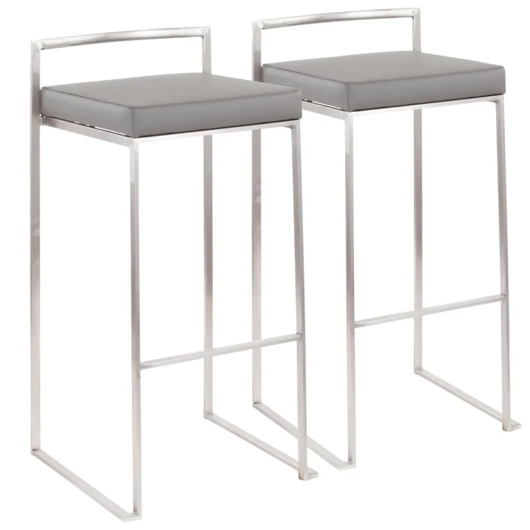 Fuji Low Back Stainless & Gray Faux Leather Barstools, Set of 2