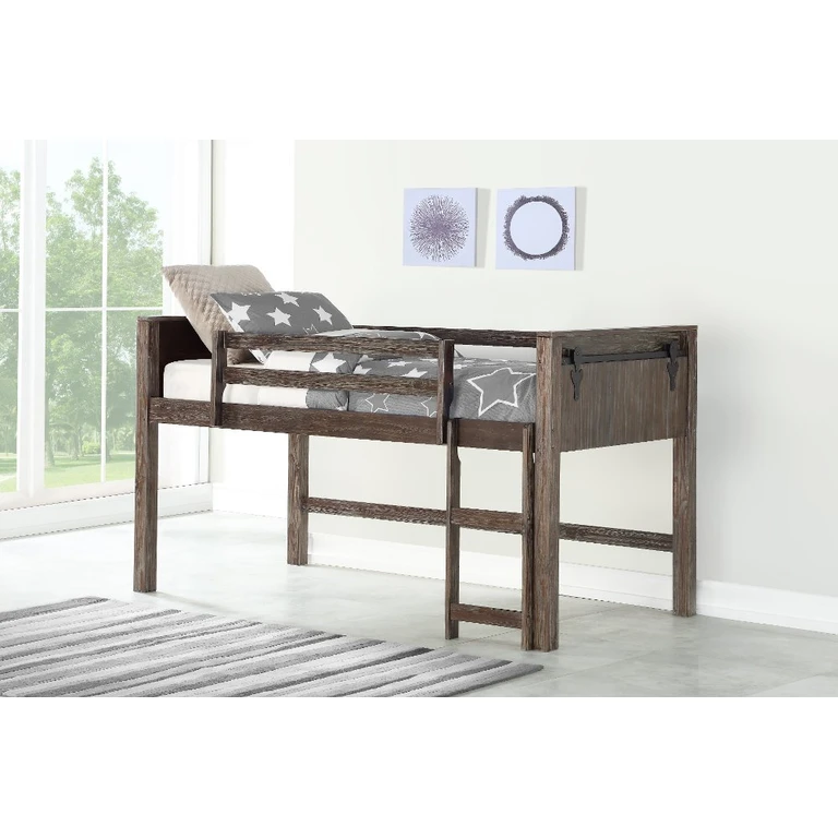 Farmhouse Brushed Brown Twin Low Loft Bed - Barn Door