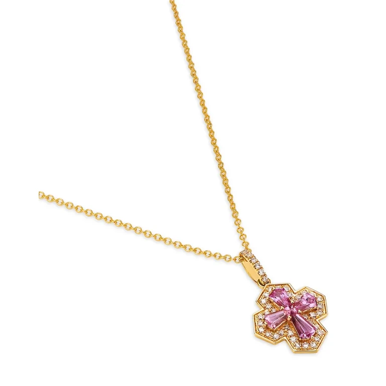 Pink Sapphire & Diamond Square Cross Pendant Necklace in 14K Yellow Gold, 16-18