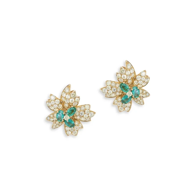 Emerald & Yellow Diamond Flower Stud Earrings in 18K Yellow Gold
