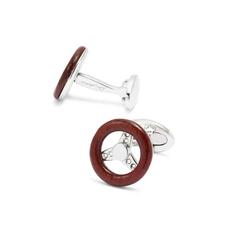 Sports Car Steering Wheel Round Wood & Sterling Silver Cufflinks
