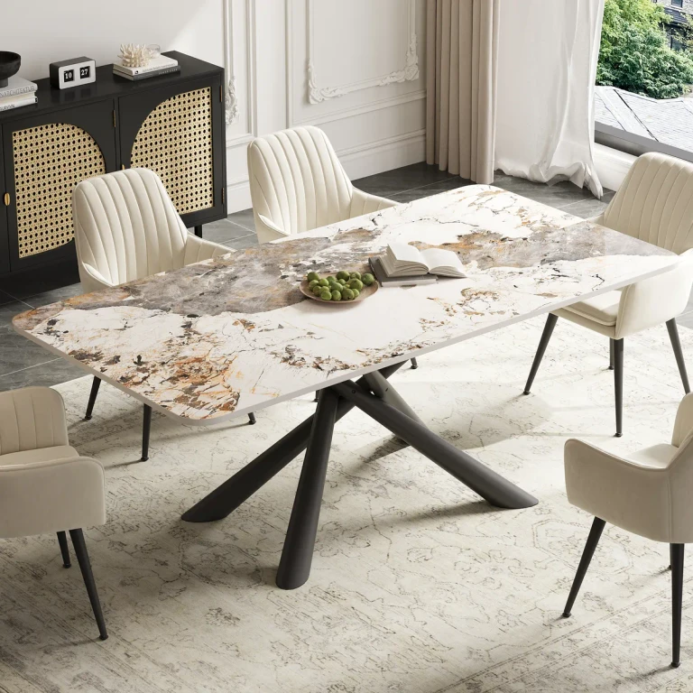 63" Modern SinteredÂ Stone Top Rectangle Dining Table in Pandora & Gold with Trestle