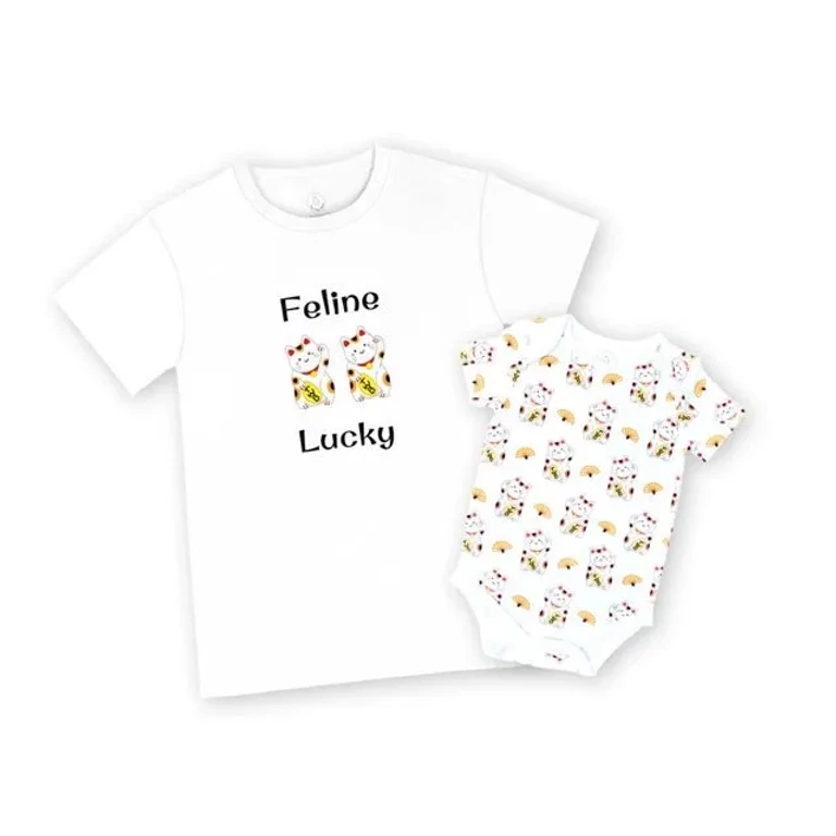 Mommy & Me Set Organic Cotton T-Shirt + Onesie - Lucky Cat Maneki Neko - Lucky Cat Tee in S + Onesie in 3-6M