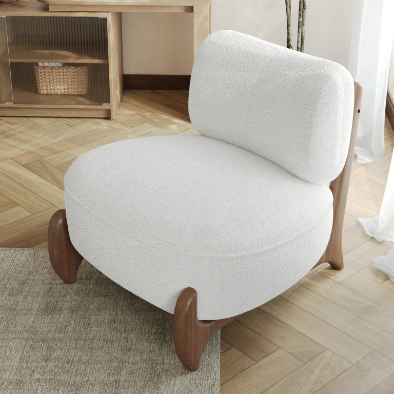 Mid Century Modern Boucle White Armless Accent Chair with Ash Wood Leg