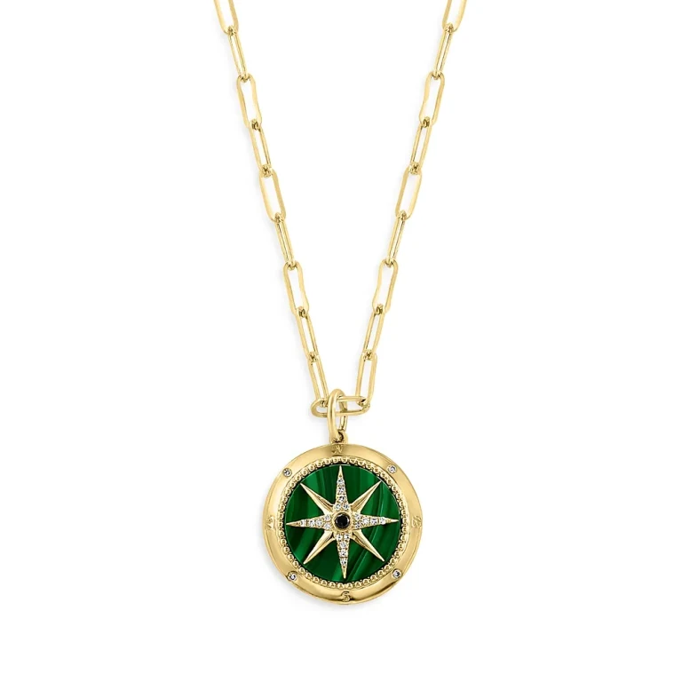 Malachite & Diamond Starburst Pendant Necklace in 14K Yellow Gold, 16-18