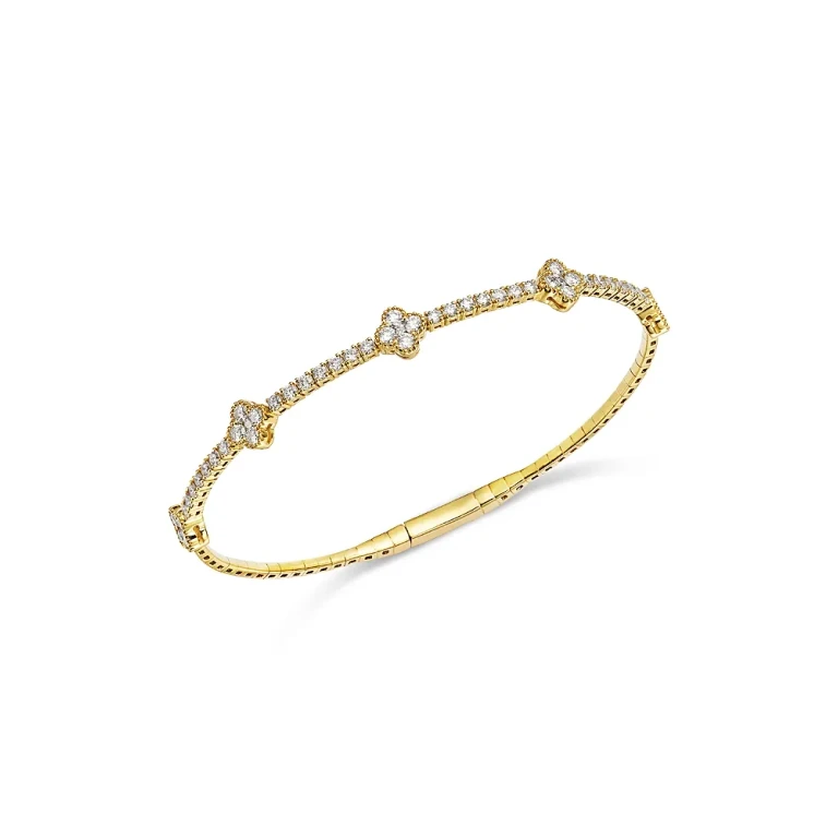 Diamond Clover Flexible Bangle Bracelet in 14K Yellow Gold, 1.58 tcw