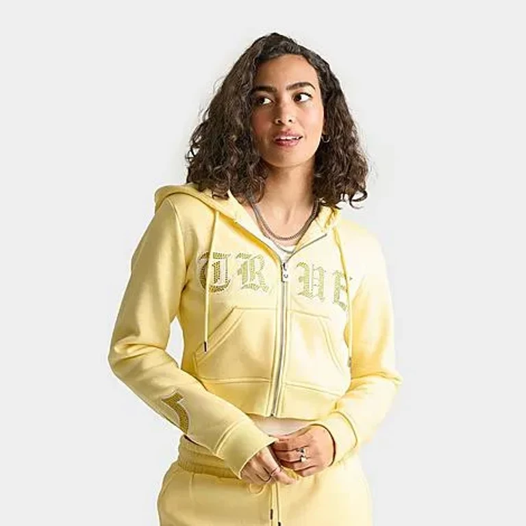 True Religion Women's Crystal Embroidered Cropped Full-Zip Hoodie in Lemon Meringue Size: XS