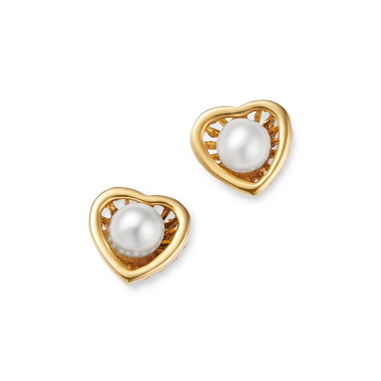 Children's Freshwater Pearl Heart Screw Back Stud Earrings in 14K Yellow Gold