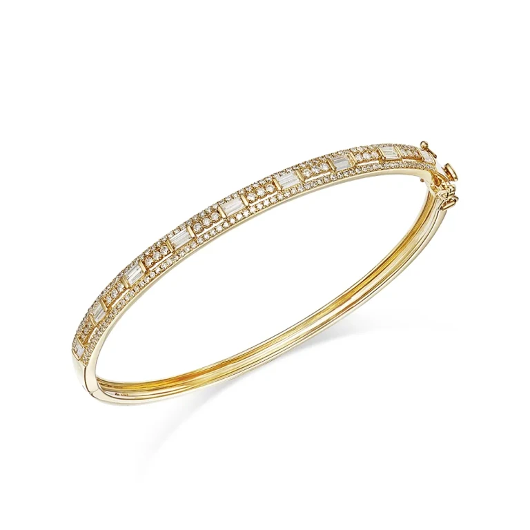 Diamond Round & Baguette Bangle Bracelet in 14K Yellow Gold, 1.0 tcw