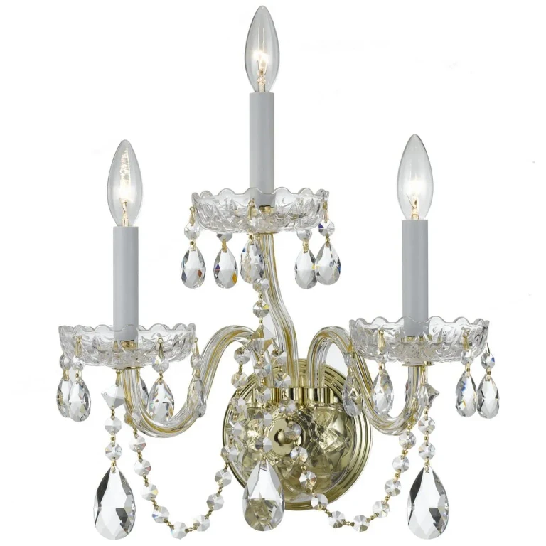 Traditional Crystal 3-Light 15" Wall Sconce in Polished Brass with Clear Hand Cut Crystals