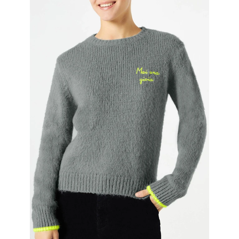 MC2 Saint Barth Woman Grey Brushed Sweater With Mai Una Gioia Embroidery